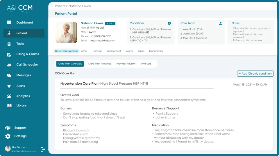 Illustrative A&I CCM patient portal showing conditions, care team, notes, and care plan.