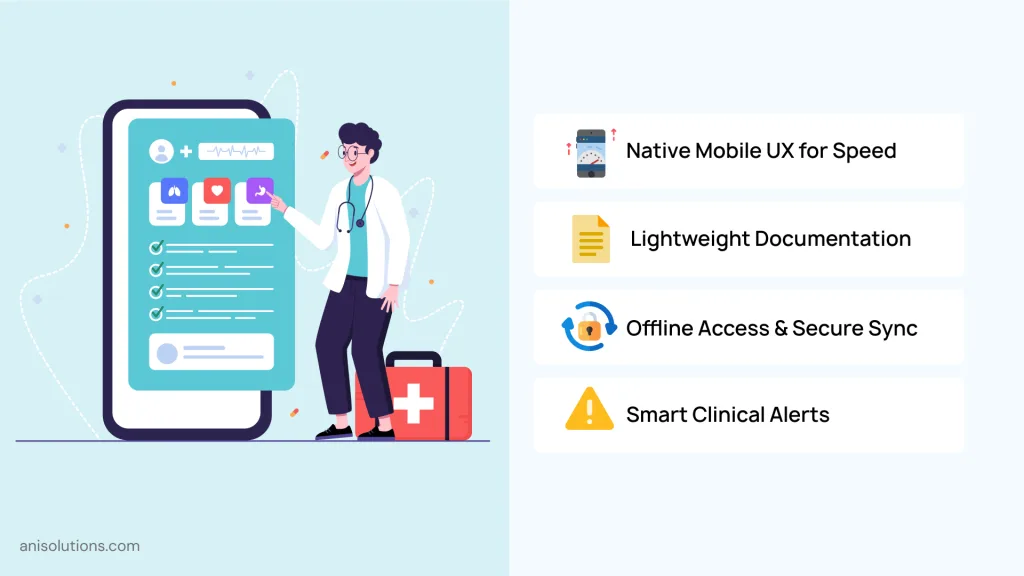 High-performing EHR mobile app with native UX, offline access, smart alerts