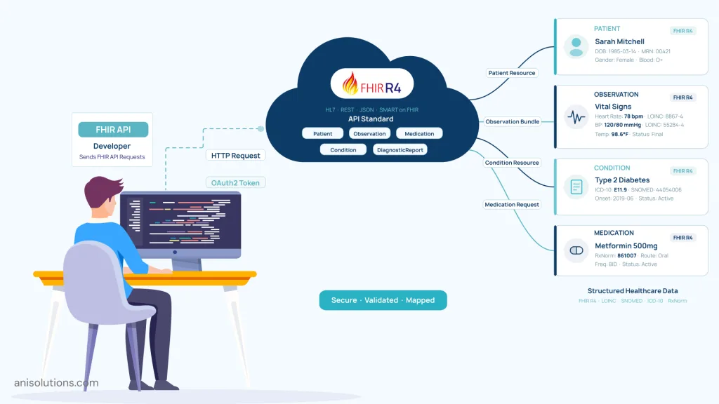 FHIR R4 API workflow showing developer accessing patient data using standardized healthcare resources.
