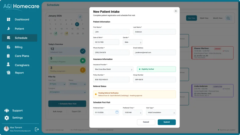 Illustrative A&I home care patient intake and first-visit scheduling screen.