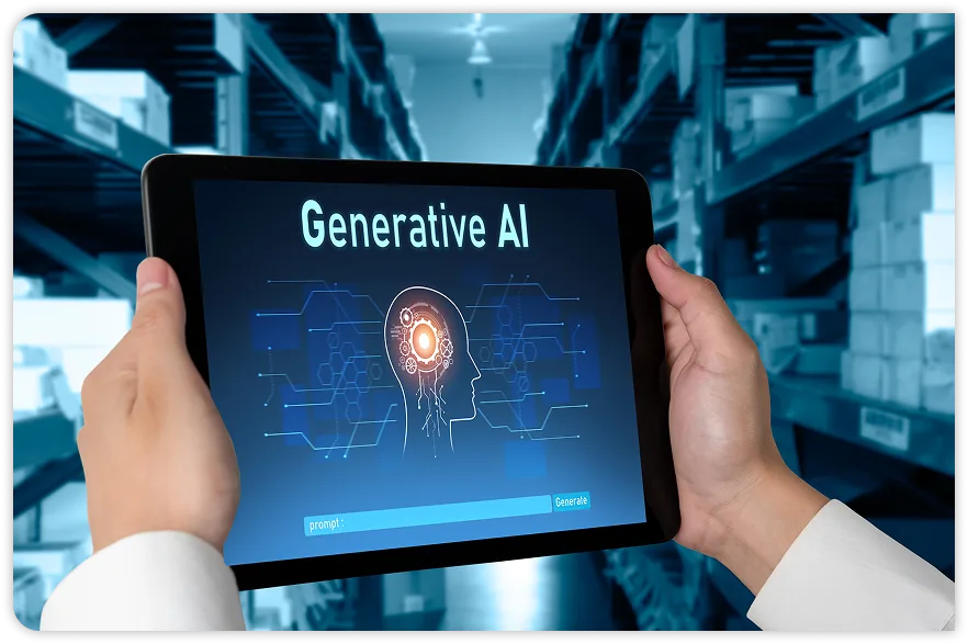 Hands holding a tablet with a generative AI illustration