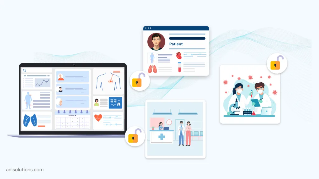 Healthcare data exchange illustration showing patient records, security, and interoperable system access.