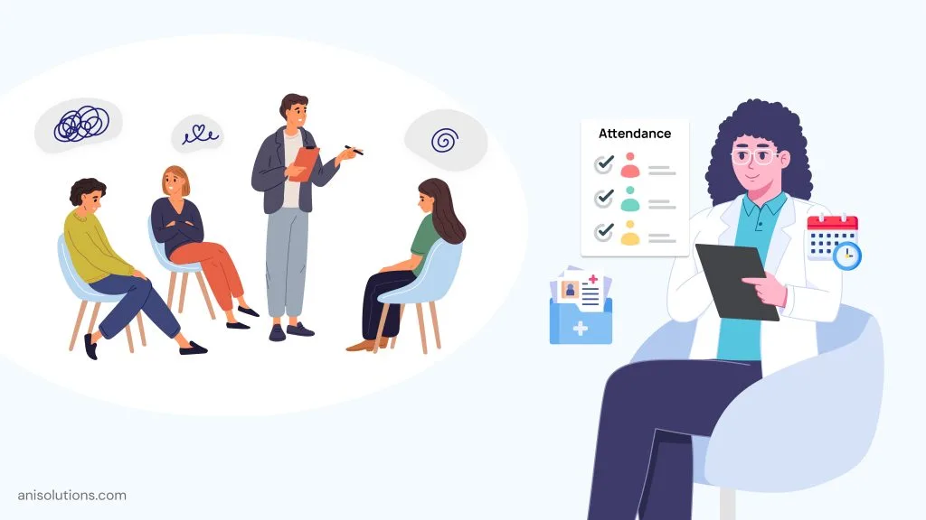 Behavioral health EHR software supporting group therapy workflows with therapist-led sessions, attendance tracking, care coordination, and patient documentation management.