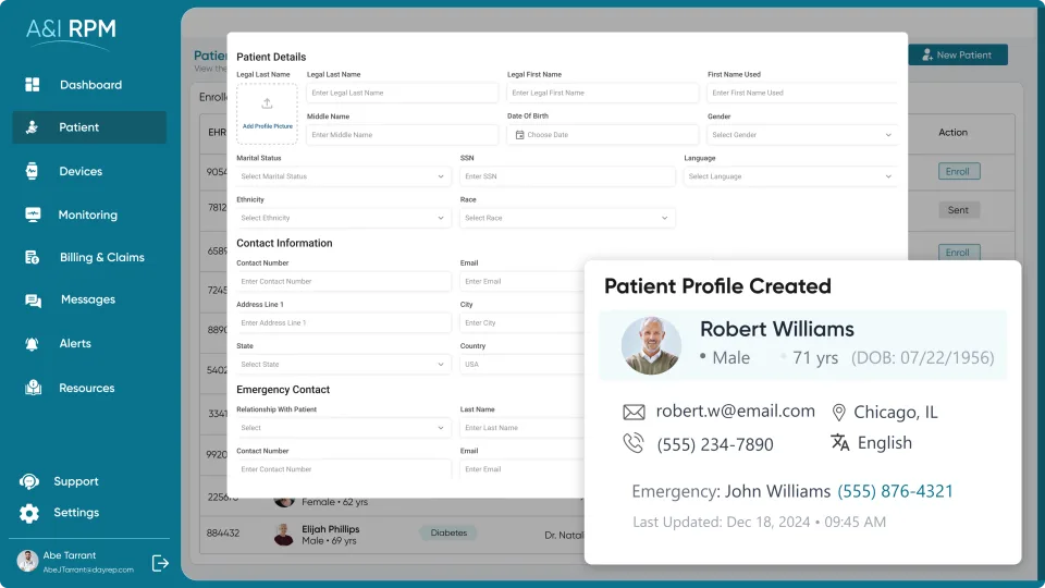 Illustrative A&I RPM onboarding screen with a patient details form and example profile.