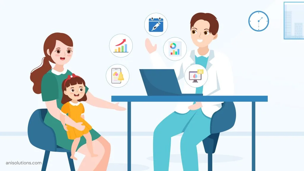 Pediatric EHR supporting growth tracking, immunizations, developmental screening, and caregiver engagement.