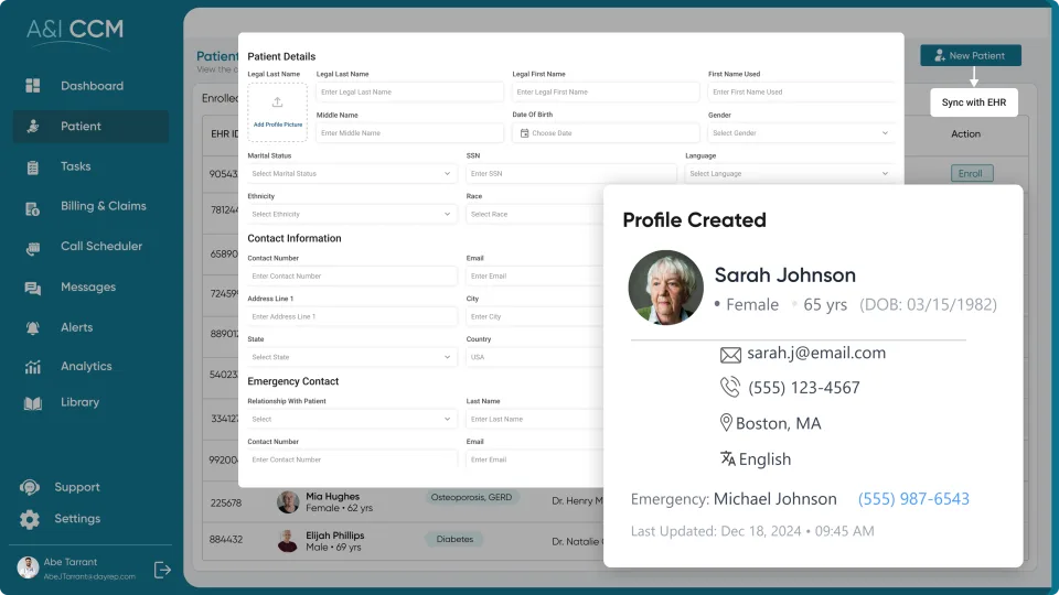 Illustrative A&I CCM onboarding screen with a patient details form and example profile.