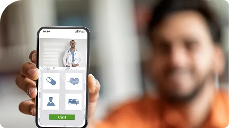 Hand holding a smartphone showing a healthcare app